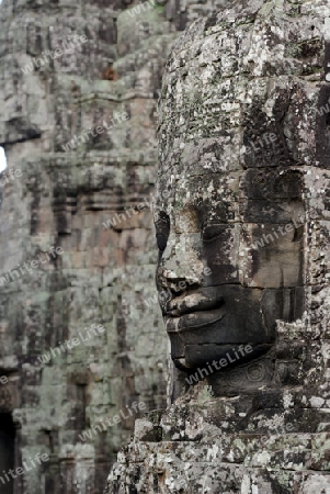 Stone Faces the Tempel Ruin of Angkor Thom in the Temple City of Angkor near the City of Siem Riep in the west of Cambodia.