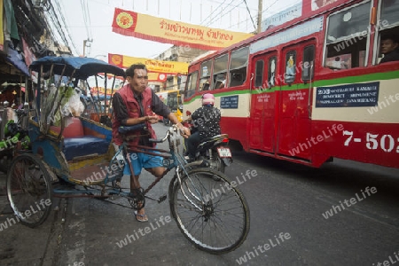 Bicycle Ricksha Taxis at the morning Market in Nothaburi in the north of city of Bangkok in Thailand in Southeastasia.