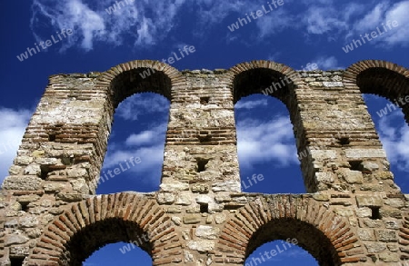 the ruin of the Basilica in the old town of  Nesebar on the coast of the Black sea in Bulgaria in east Europe.