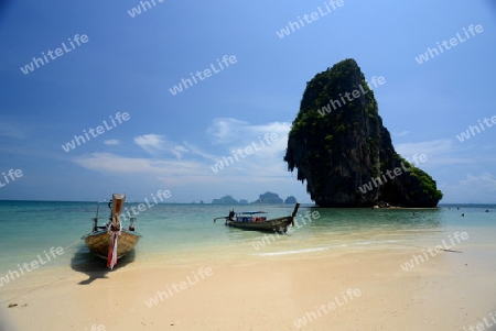 The Hat Phra Nang Beach at Railay near Ao Nang outside of the City of Krabi on the Andaman Sea in the south of Thailand. 