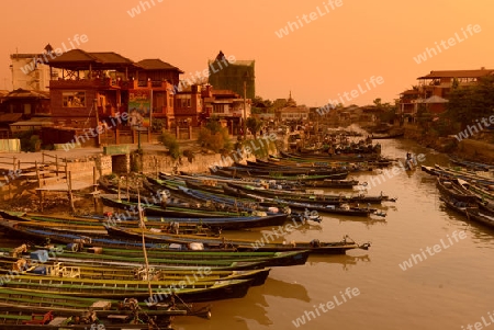 the Boat landing Pier at the Nan Chaung Main Canal in the city of Nyaungshwe at the Inle Lake in the Shan State in the east of Myanmar in Southeastasia.