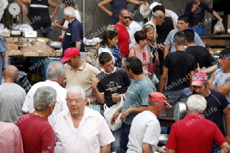 The Fishmarket in the old Town of Catania in Sicily in south Italy in Europe.