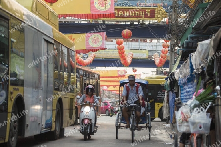 Bicycle Ricksha Taxis at the morning Market in Nothaburi in the north of city of Bangkok in Thailand in Southeastasia.