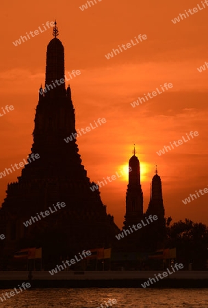 Die Tempelanlage des Wat Arun am Mae Nam Chao Phraya River in der Hauptstadt Bangkok von Thailand in Suedostasien.