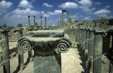 Die Ruine des Roemischen Theater in der Stadt Bosra im Sueden von Syrien im Nahen Osten.