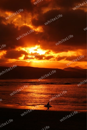 The  Playa de las Canteras in the city Las Palmas on the Canary Island of Spain in the Atlantic ocean.