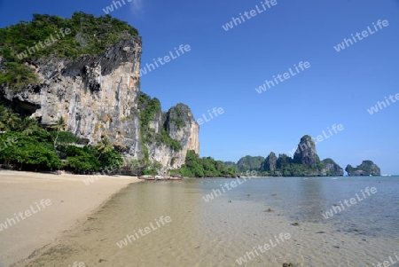 The Hat Tom Sai Beach at Railay near Ao Nang outside of the City of Krabi on the Andaman Sea in the south of Thailand. 