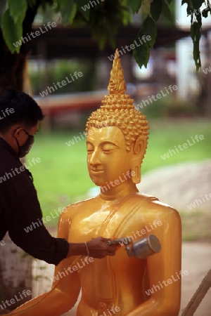 Die Goldene Buddha Produktion im Tempel Wat Sainyaphum in der Stadt Savannahet in zentral Laos an der Grenze zu Thailand in Suedostasien.