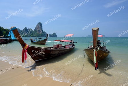 The Hat Tom Sai Beach at Railay near Ao Nang outside of the City of Krabi on the Andaman Sea in the south of Thailand. 