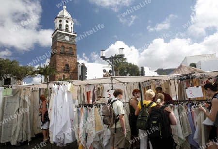 the sunday market in the old town of Teguise on the Island of Lanzarote on the Canary Islands of Spain in the Atlantic Ocean. on the Island of Lanzarote on the Canary Islands of Spain in the Atlantic Ocean.
