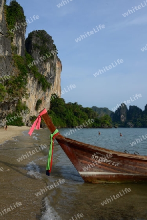 The Hat Tom Sai Beach at Railay near Ao Nang outside of the City of Krabi on the Andaman Sea in the south of Thailand. 