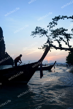 The Hat Phra Nang Beach at Railay near Ao Nang outside of the City of Krabi on the Andaman Sea in the south of Thailand. 