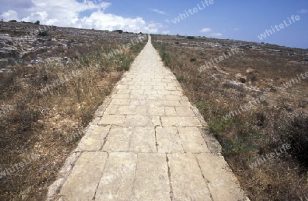 The walkway to the Ruin of the Hagar Qim Temple in the south of Malta in Europe.