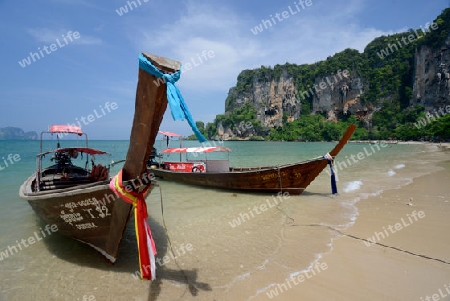 The Hat Tom Sai Beach at Railay near Ao Nang outside of the City of Krabi on the Andaman Sea in the south of Thailand. 