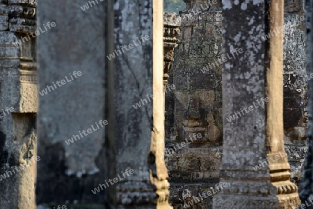 Stone Faces the Tempel Ruin of Angkor Thom in the Temple City of Angkor near the City of Siem Riep in the west of Cambodia.