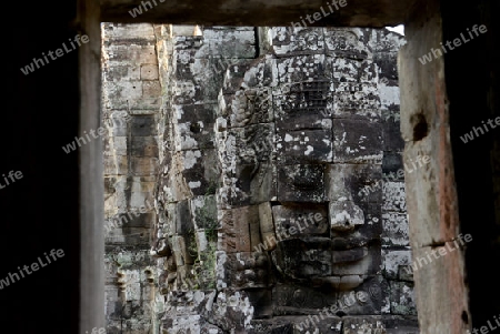 Stone Faces the Tempel Ruin of Angkor Thom in the Temple City of Angkor near the City of Siem Riep in the west of Cambodia.