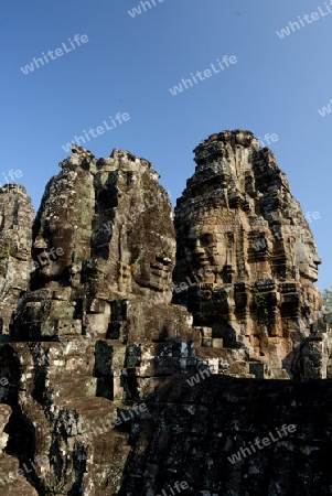 Stone Faces the Tempel Ruin of Angkor Thom in the Temple City of Angkor near the City of Siem Riep in the west of Cambodia.