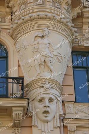 Europa, Osteuropa, Baltikum, Lettland, Riga, Hauptstadt, Neustadt, Jugenstil, Fassade, Haus, 
Ein Ausschnitt einer Jugenstil Fassade in der Neustadt von Riga der Hauptstadt von Lettland im Baltikum und Osteuropa.   