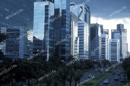 the skyline of the city centre of Jakarta in Indonesia in Southeastasia.