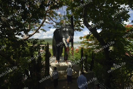 Ein Elefant aus Stein im Tempel Wat Tham Khu Ha Sawan in Khong Jiam am Mekong River in der naehe des Pha Taem Nationalpark in der Umgebung von Ubon Ratchathani im nordosten von Thailand in Suedostasien.