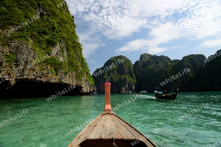 a Boat on the way to Maya Beach  near the Ko Phi Phi Island outside of the City of Krabi on the Andaman Sea in the south of Thailand. 