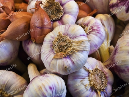 frischer roter Knoblauch und Zwiebeln auf dem Markt