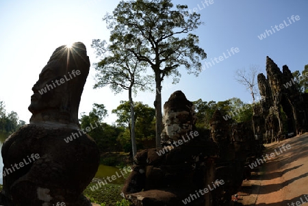 The Bridge at the Angkor Tom Gate in the Temple City of Angkor near the City of Siem Riep in the west of Cambodia.