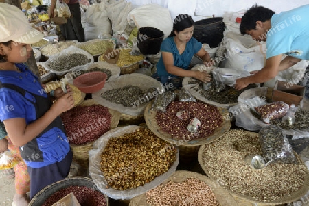 the market at the Village of Phaung Daw Oo at the Inle Lake in the Shan State in the east of Myanmar in Southeastasia.