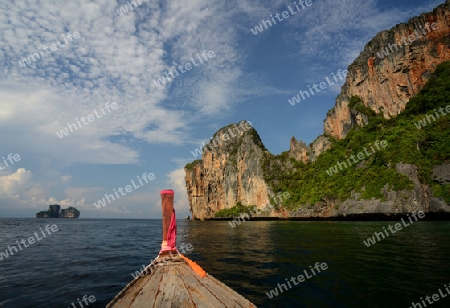 a Boat on the way to Maya Beach  near the Ko Phi Phi Island outside of the City of Krabi on the Andaman Sea in the south of Thailand. 