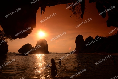 The Hat Phra Nang Beach at Railay near Ao Nang outside of the City of Krabi on the Andaman Sea in the south of Thailand. 