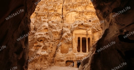 The Treasury of the little Petra in the Temple city of Petra in Jordan in the middle east.