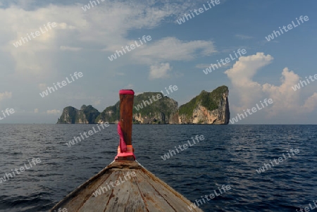 a Boat on the way to Maya Beach  near the Ko Phi Phi Island outside of the City of Krabi on the Andaman Sea in the south of Thailand. 