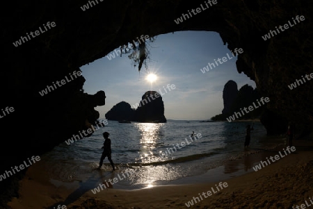 The Hat Phra Nang Beach at Railay near Ao Nang outside of the City of Krabi on the Andaman Sea in the south of Thailand. 