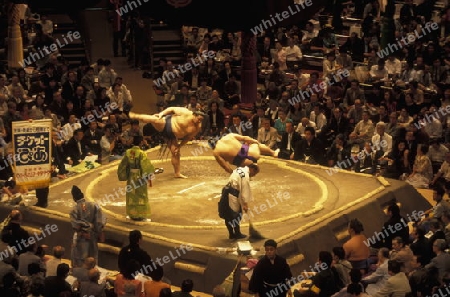 a Sumo fight in the Sumo Arena in the City centre of Tokyo in Japan in Asia,