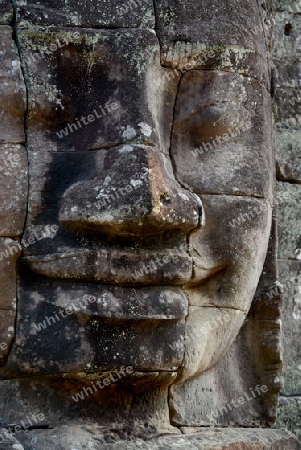 Stone Faces the Tempel Ruin of Angkor Thom in the Temple City of Angkor near the City of Siem Riep in the west of Cambodia.