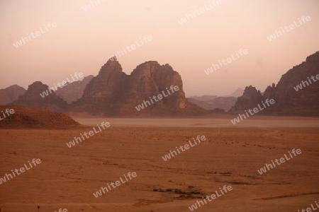 The Landscape on evening in the Wadi Rum Desert in Jordan in the middle east.