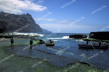 The coast at the village of Ponta do Sol near Ribeira Grande on the Island of Santo Antao in Cape Berde in the Atlantic Ocean in Africa.