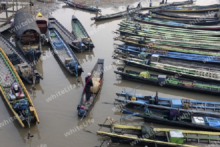 the Boat landing Pier at the Nan Chaung Main Canal in the city of Nyaungshwe at the Inle Lake in the Shan State in the east of Myanmar in Southeastasia.