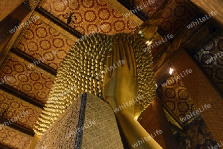 Der Liegende Buddha in der Tempelanlage des Wat Pho in der Hauptstadt Bangkok von Thailand in Suedostasien.