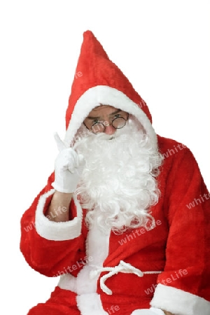 Nikolaus mit erhobenen Finger, freigestellt auf weissem Hintergrund