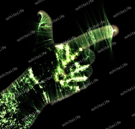 3D-Illustration of a glowing human male hand with a kirlian aura showing different symbols.