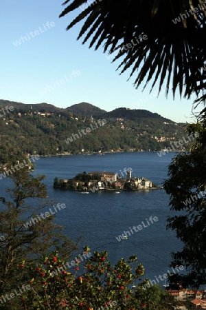 The Isla San Giulio in the Ortasee outside of the Fishingvillage of Orta on the Lake Orta in the Lombardia  in north Italy. 