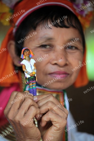 Eine Traditionell gekleidete Langhals Frau eines Paudang Stammes aus Burma lebt in einem Dorf noerdlich von Chiang Mai in Nord Thailand.