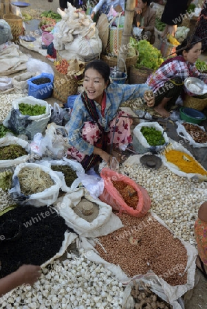 The Market in the village of Ywama at the Inle Lake in the Shan State in the east of Myanmar in Southeastasia.