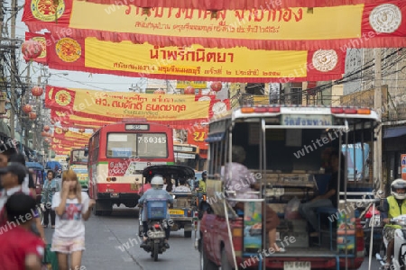 Bicycle Ricksha Taxis at the morning Market in Nothaburi in the north of city of Bangkok in Thailand in Southeastasia.