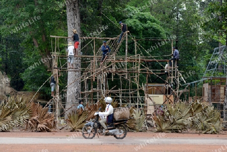 A construction for a traditional Woodhouse in the Angkor Thom  in the Temple City of Angkor near the City of Siem Riep in the west of Cambodia.