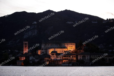 The Isla San Giulio in the Ortasee outside of the Fishingvillage of Orta on the Lake Orta in the Lombardia  in north Italy. 