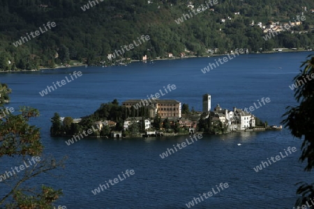 The Isla San Giulio in the Ortasee outside of the Fishingvillage of Orta on the Lake Orta in the Lombardia  in north Italy. 