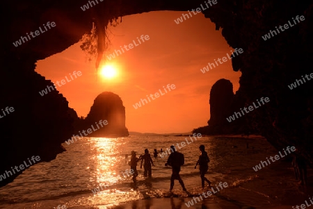 The Hat Phra Nang Beach at Railay near Ao Nang outside of the City of Krabi on the Andaman Sea in the south of Thailand. 