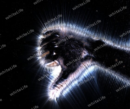 3D-Illustration of a glowing human female hand with a kirlian aura showing different symbols.